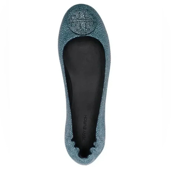 Tory Burch Aqua Reva Speckled Pebbled Leather Logo Flats - Picture 1 of 10